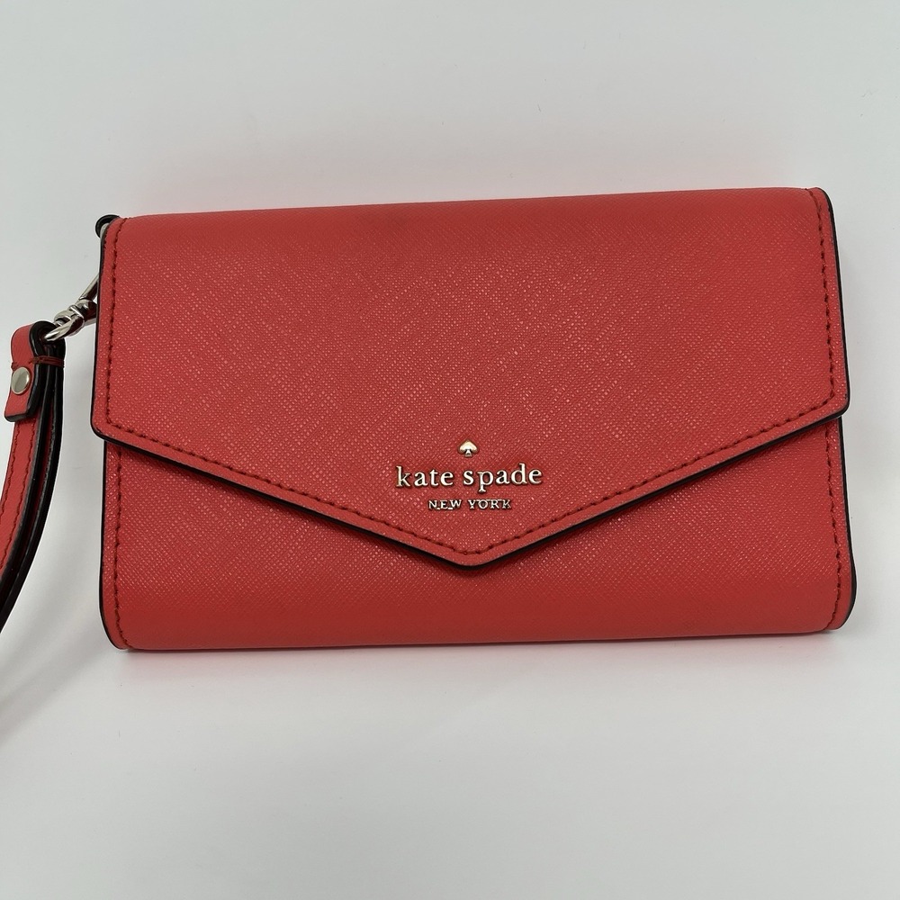 Kate Spade New York Trifold Wallet Fuchsia Saffiano Leather Wristlet Clutch